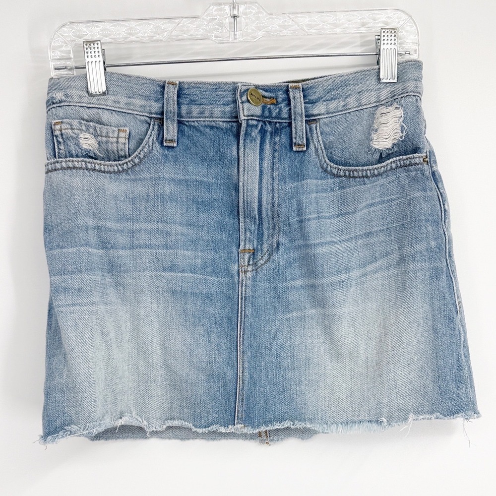 FRAME Denim Le Mini Skirt Light Wash Distressed Ryde Raw Hem Size 26 LMSKRE207